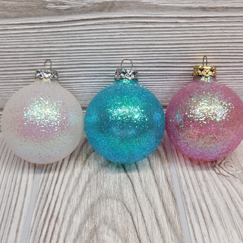 3‎ Germany Glitter Christmas Tree Ornaments Pink Blue White Holiday Decor Vtg